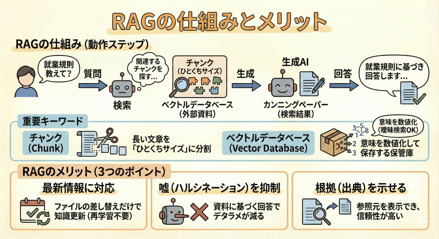 RAG(検索拡張生成)とは?仕組み・メリット・ユースケースを解説【生成AIパスポート対策】 - 生成AIパスポートの里