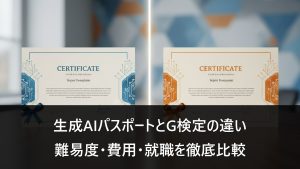 生成AIパスポートとG検定の比較。2つの認定証を並べた比較イメージ