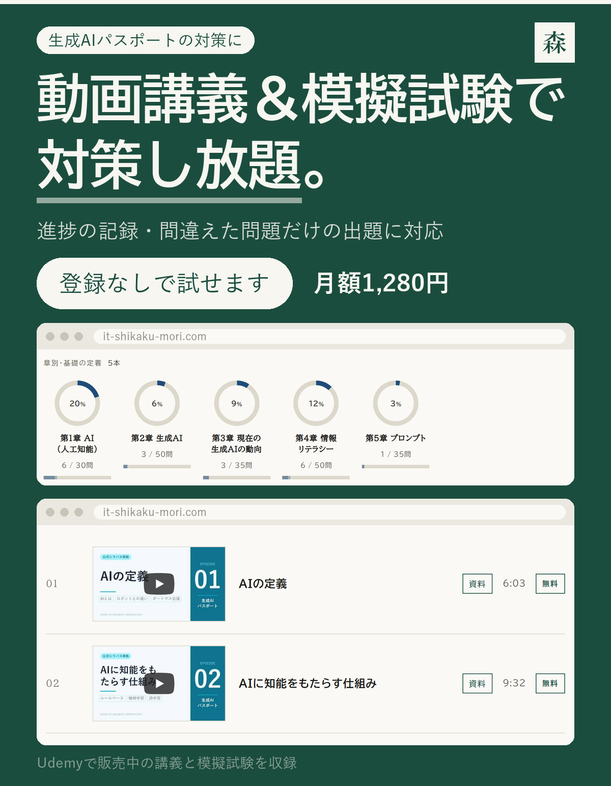 動画講義&模擬試験で対策し放題|IT資格の森(月額1,280円)